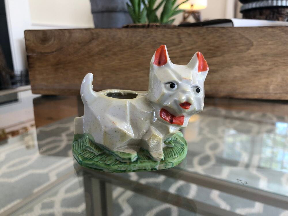 Vintage Geometric Lusterware Cat Planter, Pincushion, Japan, Kitten Figurine